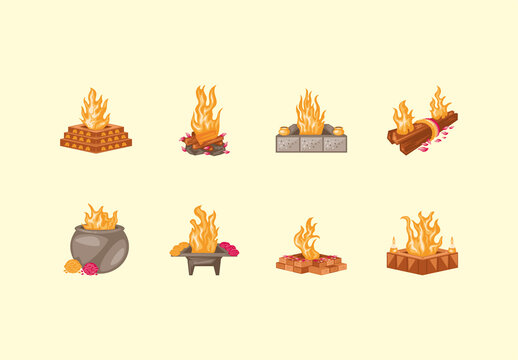 Orange And Yellow Bonfire Havan Ritual Fire Ceremony Illustrations Set