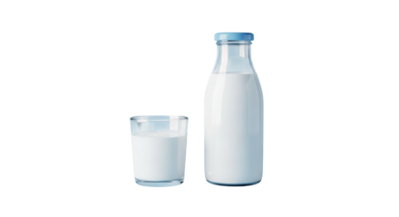 Glass of milk and bottle with blue cap isolated on a transparent background dairy beverage