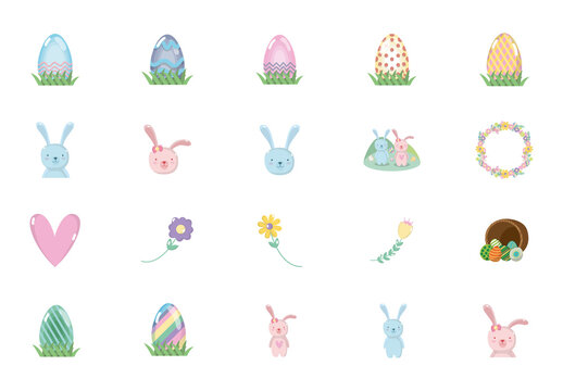 Colorful Easter Bunny Egg Flower Illustrations Set