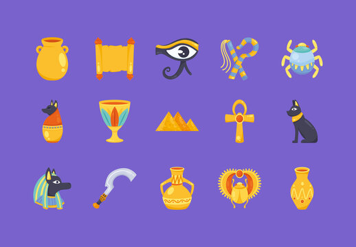Colorful Ancient Egyptian Symbols Set Illustrations