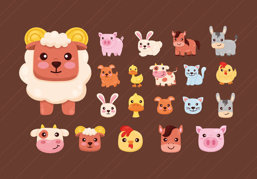 Colorful Cute Farm Animal Cartoon Illustrations Set