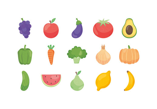 Colorful Flat Cartoon Fruits And Vegetables Illustration Set