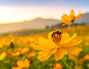Close-up of a bee on a yellow flower with a blurred field background