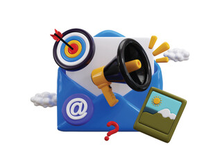Email marketing icon 3d render concept of business email marketing icon on envelop with megaphone and target dart with image icon for digital marketing icon vector illustration