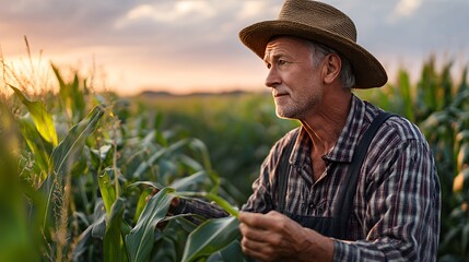 Golden Harvest: Senior Farmer Inspecting Corn Crop at Sunset