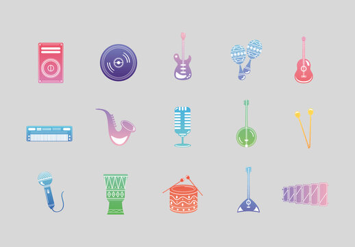 Colorful Musical Instruments Icons Set