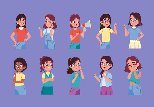 Colorful Girl Speaking Character Illustration Set