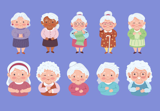 Colorful Grandmother Character Illustration Set