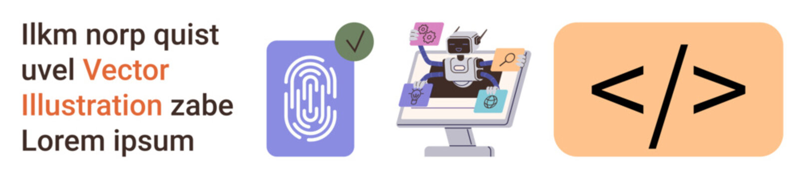 Digital security, AI technology, coding, biometric verification, online identity, web development. Fingerprint icon, robot on computer code symbol. Digital security and AI technology concept