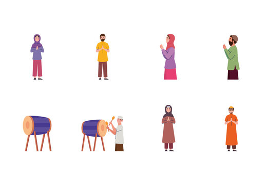 Colorful Idul Fitri People Praying Drum Illustrations Set