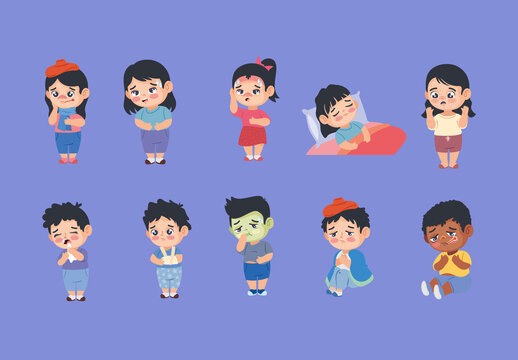 Colorful Kids Sick Illustration Set
