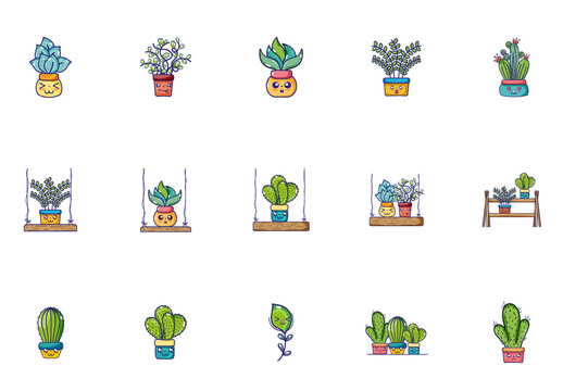 Colorful Kawaii Succulent Plant Illustrations Set