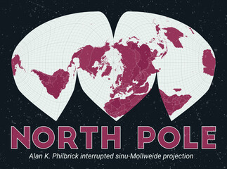 North Pole. World map. Alan K. Philbrick interrupted sinu-Mollweide projection centered to North Pole. Pale Mint Dark Pink palette. Vintage texture. Authentic vector illustration.