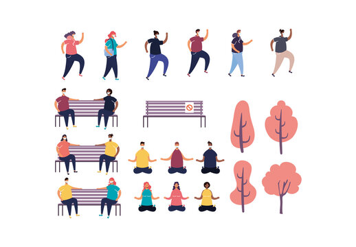Colorful People Distancing Park Illustration Set