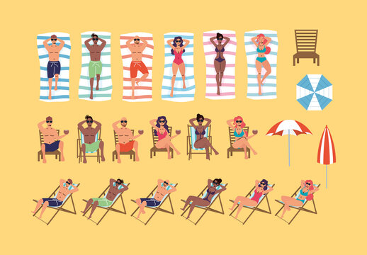 Colorful People Distancing Beach Illustration Set
