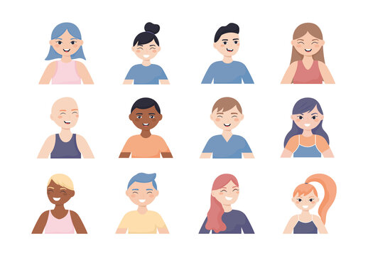 Colorful Diverse People Smiling Cartoon Illustration Set