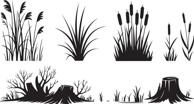 Grass, Reed, and Wetland Silhouette Set Featuring Cattails, Meadow Plants, Bush Bases, and Tree Stump Landscape Elements in Black Vector Style
