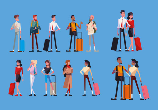 Colorful People Traveling Luggage Illustration Set