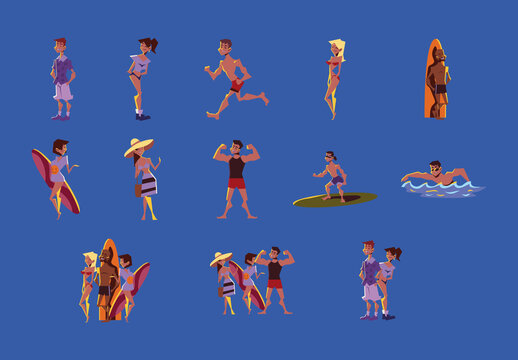 Colorful People On The Beach Illustration Set