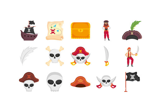 Colorful Pirate Cartoon Adventure Icons Set