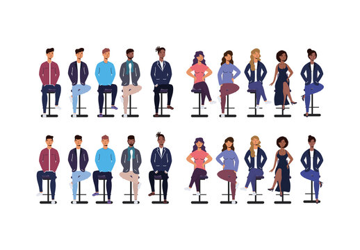 Colorful Restaurant People Sitting Characters Illustrations Set
