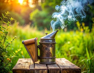 Close-up of a beekeeping smoker emitting wispy smoke on wood