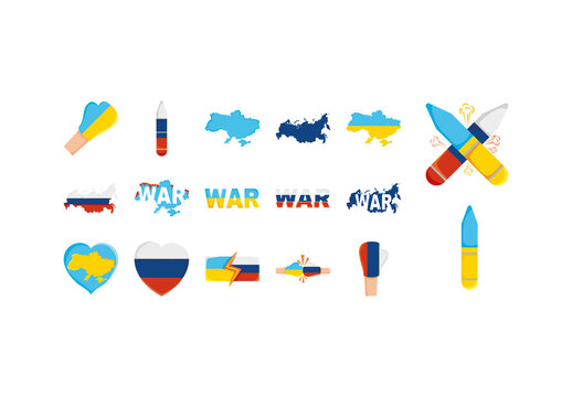 Colorful Ukraine Russia Conflict War Icons Set