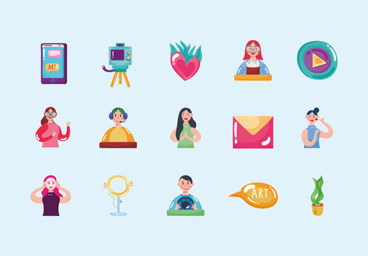 Colorful Vlog Social Media People Illustration Set