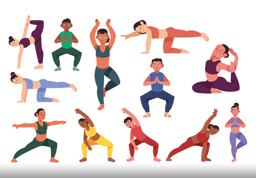 Colorful Yoga Exercise Poses Stretching Illustration Set