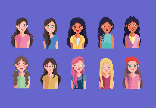 Colorful Young Women Character Illustrations Set