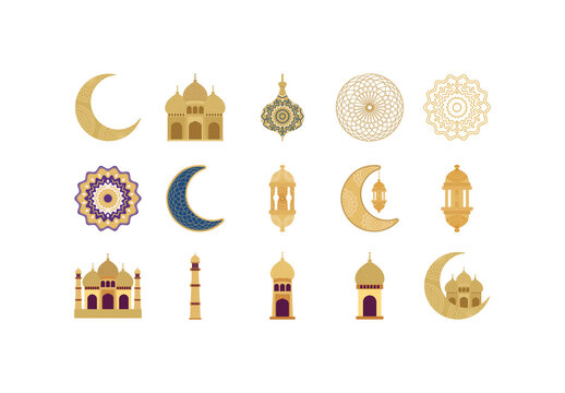 Gold Eid Mubarak Islamic Illustrations Set