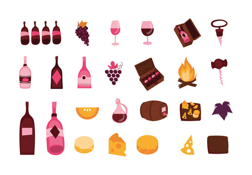 Colorful Winery Cheese Grape Drink Illustrations Set