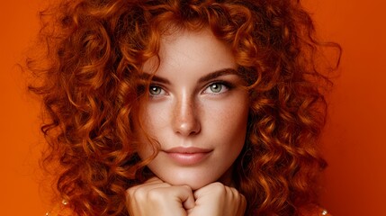 Fototapeta premium Vibrant Copper Curls: Stunning Redhead Beauty with Freckles and Green Eyes