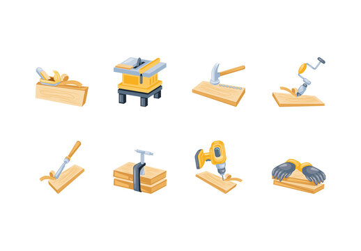 Yellow And Gray Carpenter Woodworking Equipment Illustration Set