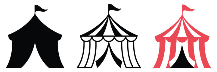 Circus Tent Icons, a vector collection of three circus tent illustrations: monochrome solid, black and white outline, and full-color red and white striped flat icon for festive design © MDSAIDUR