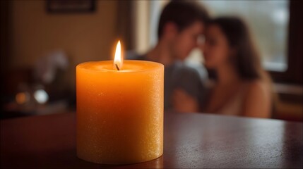 A candle casts a warm glow on a couple embracing intimately in soft blurred background lighting