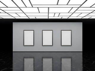 Three blank elegant frames hang on a gray gallery wall with dramatic lighting and a reflective black marble floor