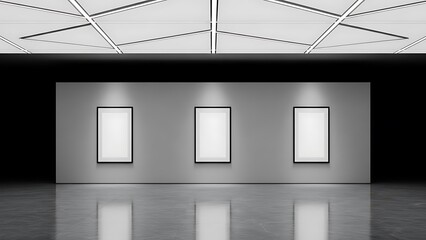 Three blank elegant frames hang on a gray gallery wall with dramatic lighting and a reflective black marble floor
