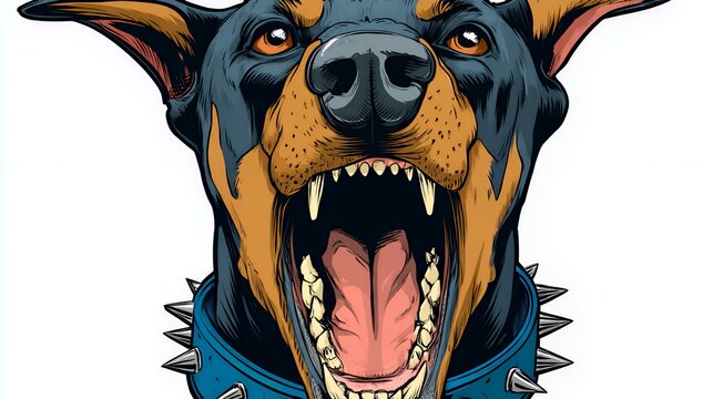 Fierce Doberman Pinscher: Angry Snarling Dog with Spiked Collar Art