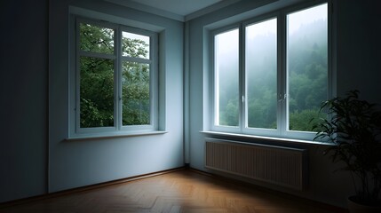Fototapeta premium Serene room with overlooking a misty forest during twilight capturing a tranquil atmosphere