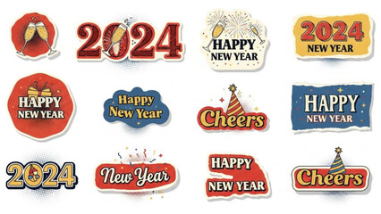 New Year 2024 Stickers Set, Happy New Year Celebration Labels, Vintage Design and Isolated on White.