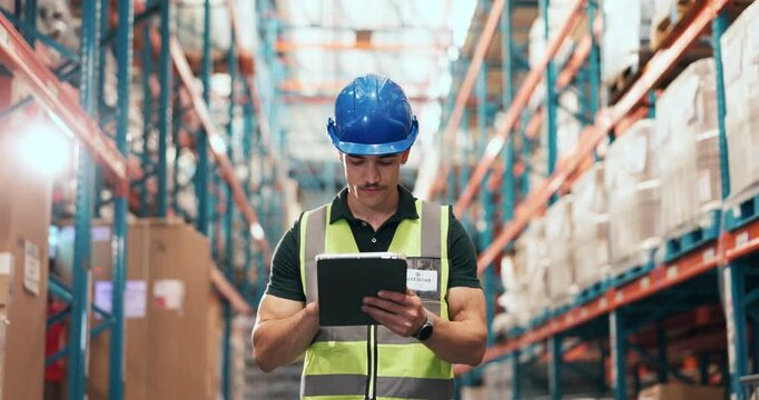 Walking, tablet and man in warehouse for shipping management, stock inspection or distribution. Logistics, supply chain worker or person with tech for storage, inventory or quality control with flare