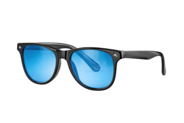 Black framed sunglasses with bright blue mirrored lenses on black background eyewear accessory, Png, Isolated on Transparent Background, Cut Out