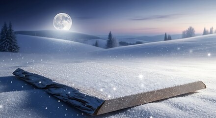 Peaceful winter landscape with a fallen log under a full moon