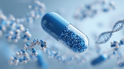 A blue capsule is placed in the center of the picture, containing blue particles. White molecular structures and DNA double helix structures float around the capsule.
