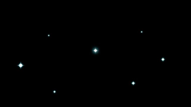 Star glitter twinkle animation, white cartoon flat vector doodle stars, blinking sparkle light effects, glowing star motion on black screen background, 4k festive overlay
