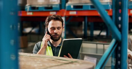 Logistics, tablet or worker with phone call in warehouse for shipment handling, order enquiry or export. Staff, man and contact supplier with tech to confirm cargo schedule, shipping status or update - Powered by Adobe