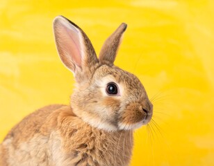 Obraz premium Close-up of a brown rabbit with long ears against a bright yellow backdrop