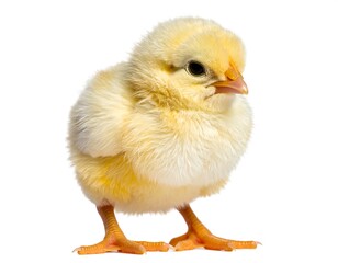 Obraz premium Close-up of a fluffy, yellow baby bird standing on a white background