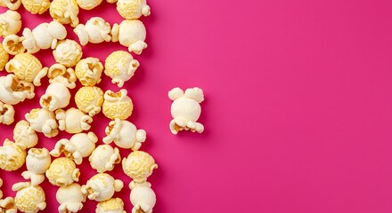 Close up of popcorn scattered on a vibrant pink background with copy space